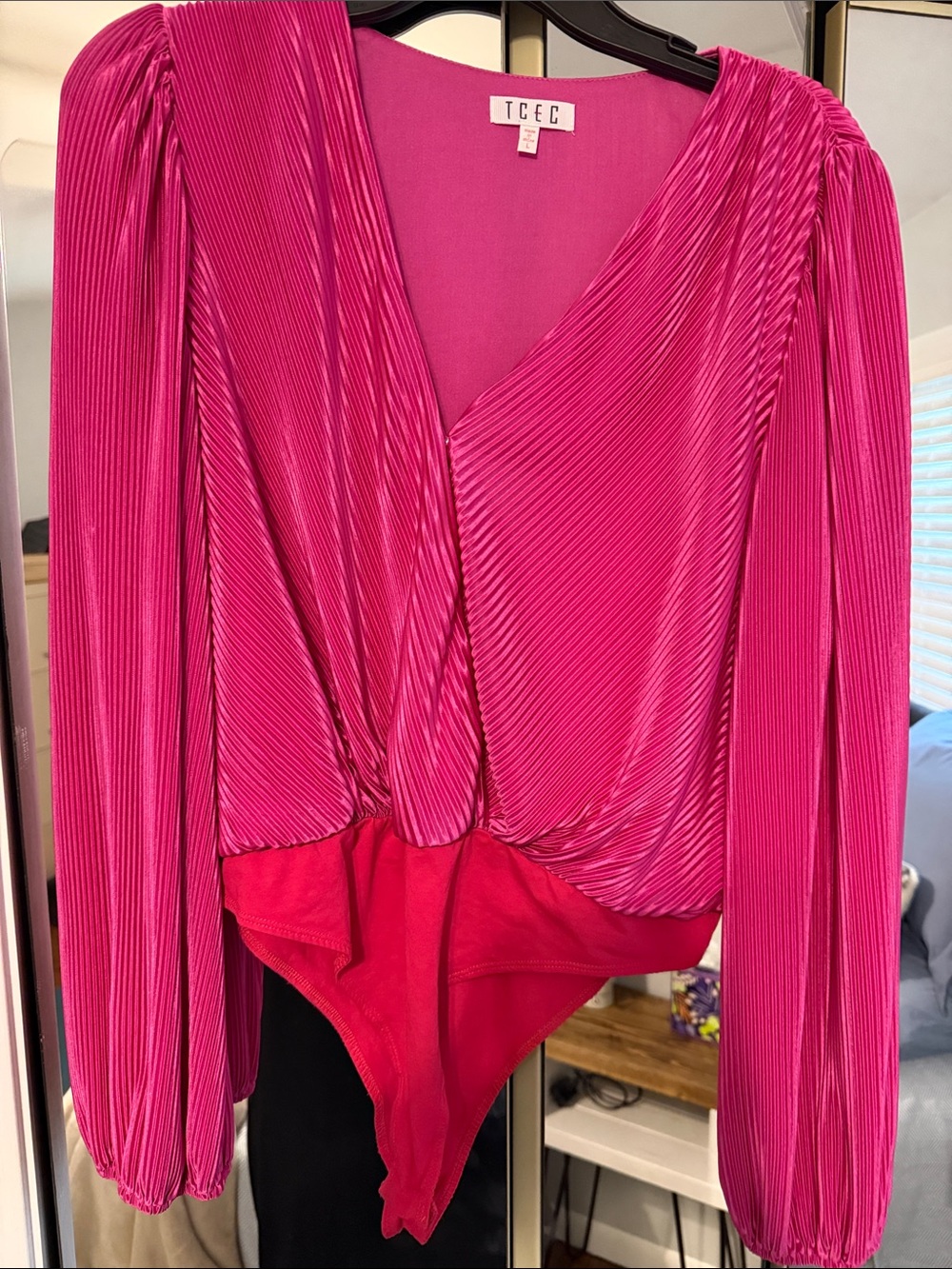 TCEC Hot Pink Pleated V-Neck Wrap Bodysuit